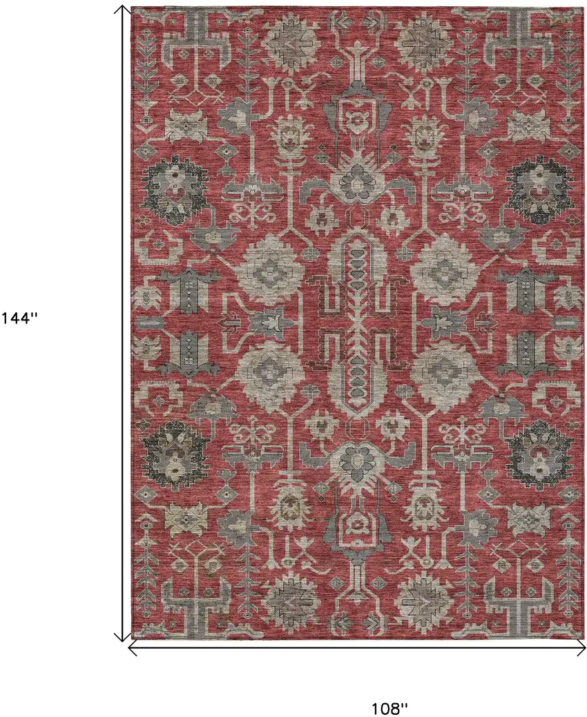Red Beige And Charcoal Oriental Washable Indoor Outdoor Area Rug Photo 3