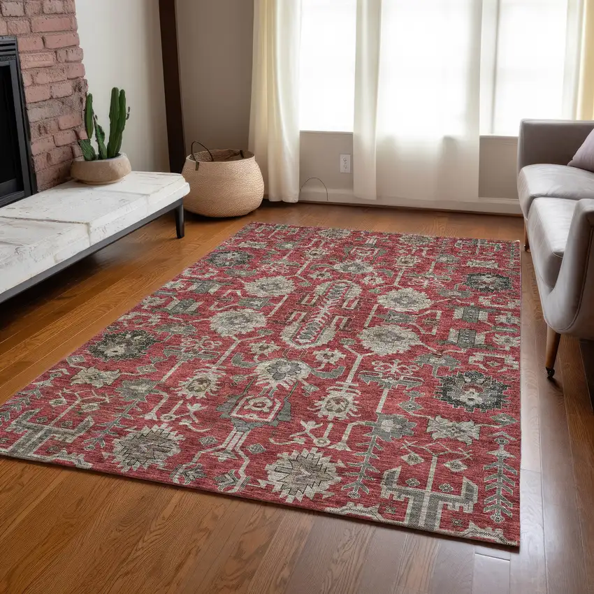 Red Beige And Charcoal Oriental Washable Indoor Outdoor Area Rug Photo 9