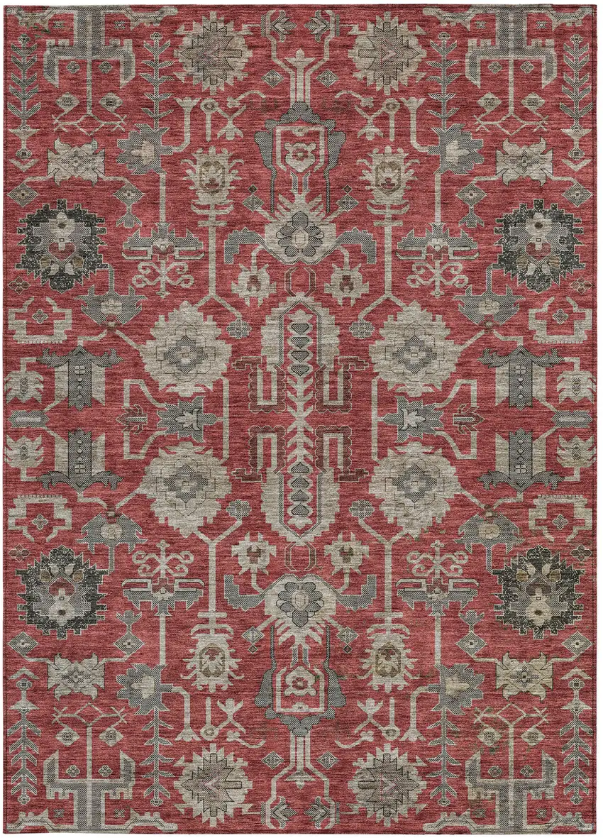 Red Beige And Charcoal Oriental Washable Indoor Outdoor Area Rug Photo 5