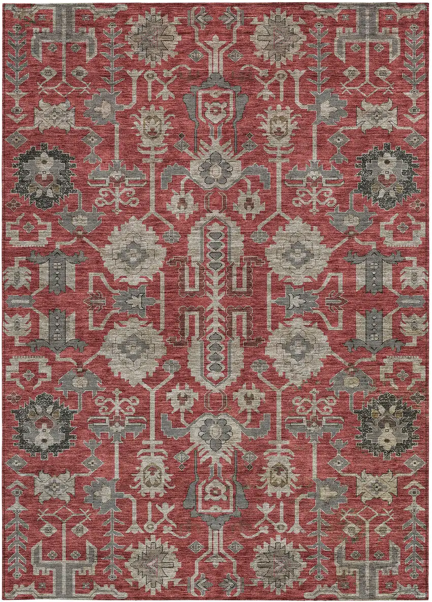 Red Beige And Charcoal Oriental Washable Indoor Outdoor Area Rug Photo 5