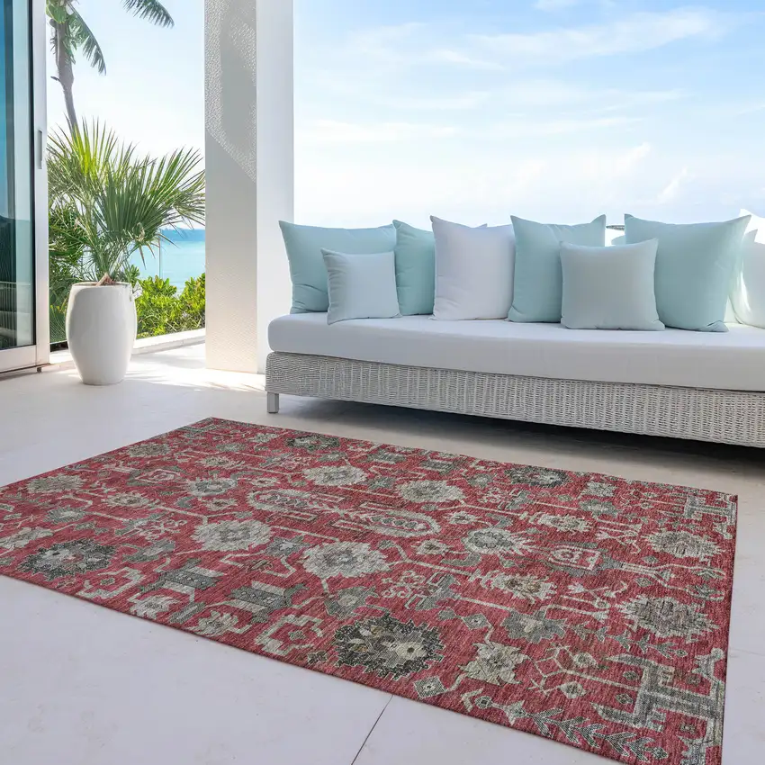 Red Beige And Charcoal Oriental Washable Indoor Outdoor Area Rug Photo 9