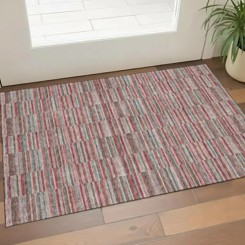 Red Beige And Copper Striped Washable Area Rug With UV Protection Photo 1