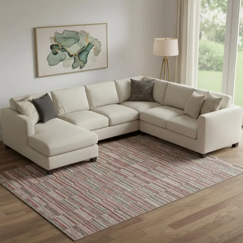 Red Beige And Copper Striped Washable Area Rug With UV Protection Photo 1