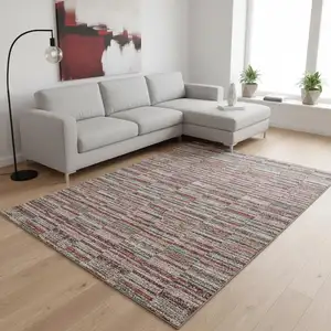 Photo of Red Beige And Copper Striped Washable Area Rug With UV Protection