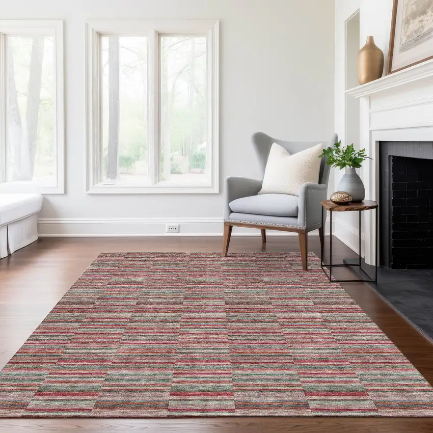 Red Beige And Copper Striped Washable Indoor Outdoor Area Rug Photo 9