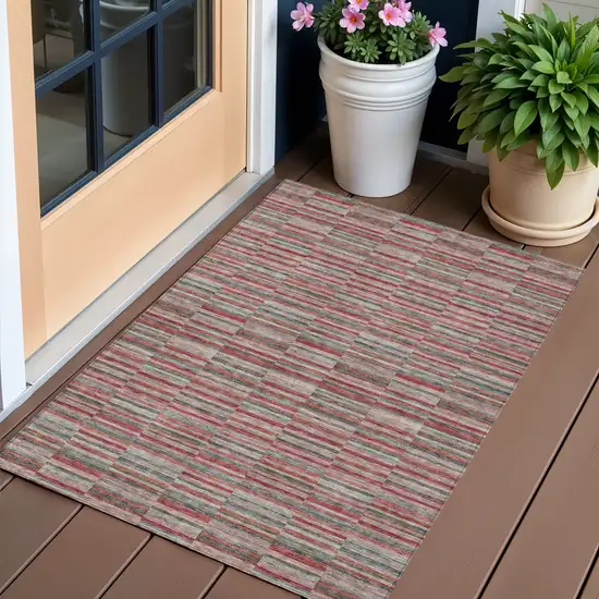 Red Beige And Copper Striped Washable Indoor Outdoor Area Rug Photo 1