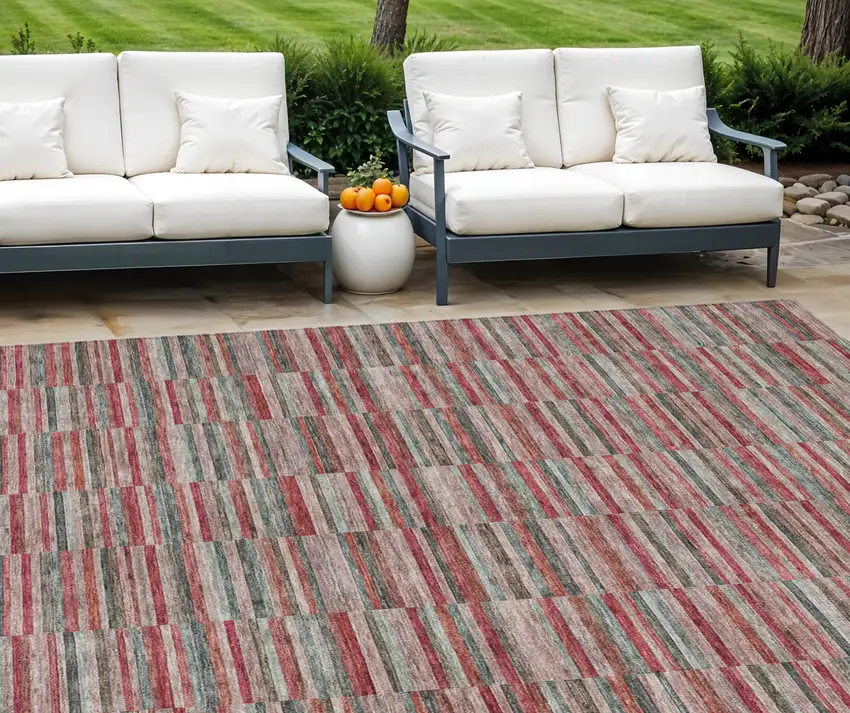 Red Beige And Copper Striped Washable Indoor Outdoor Area Rug Photo 1