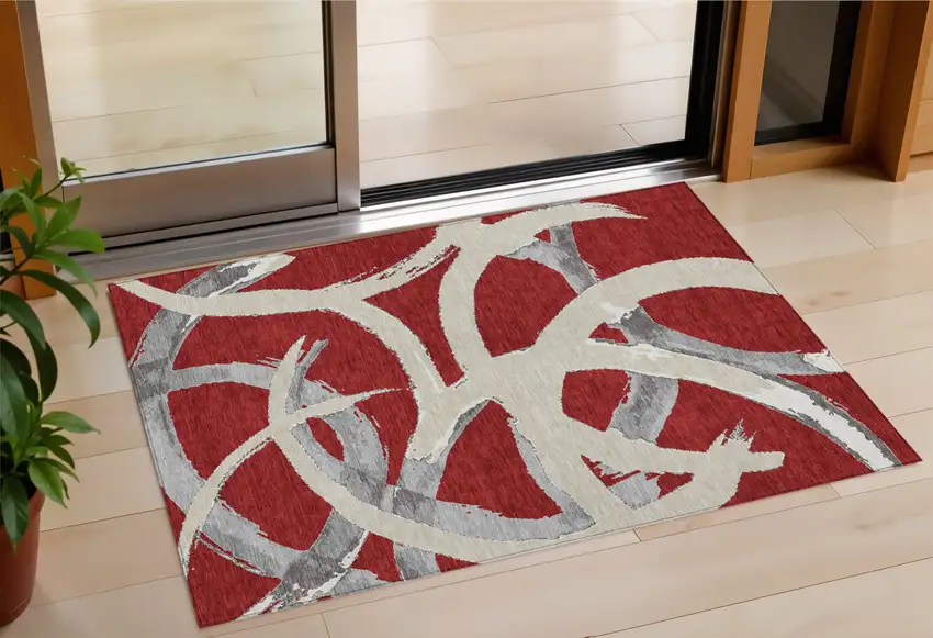 Red Beige And Gray Abstract Washable Indoor Outdoor Area Rug Photo 1