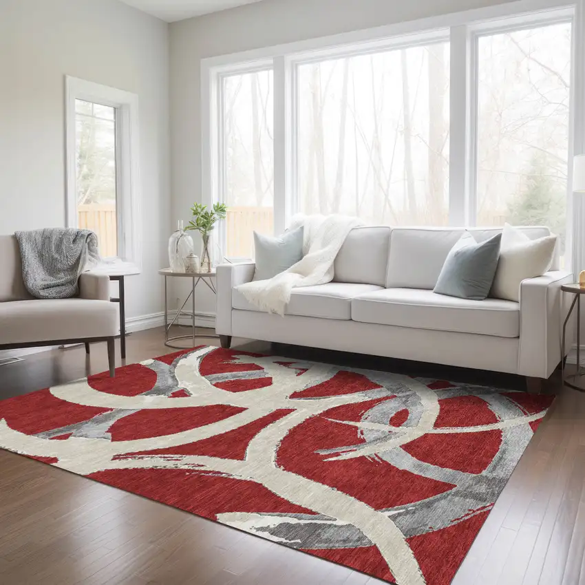 Red Beige And Gray Abstract Washable Indoor Outdoor Area Rug Photo 9