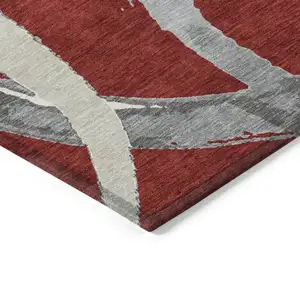 Photo of Red Beige And Gray Abstract Washable Indoor Outdoor Area Rug