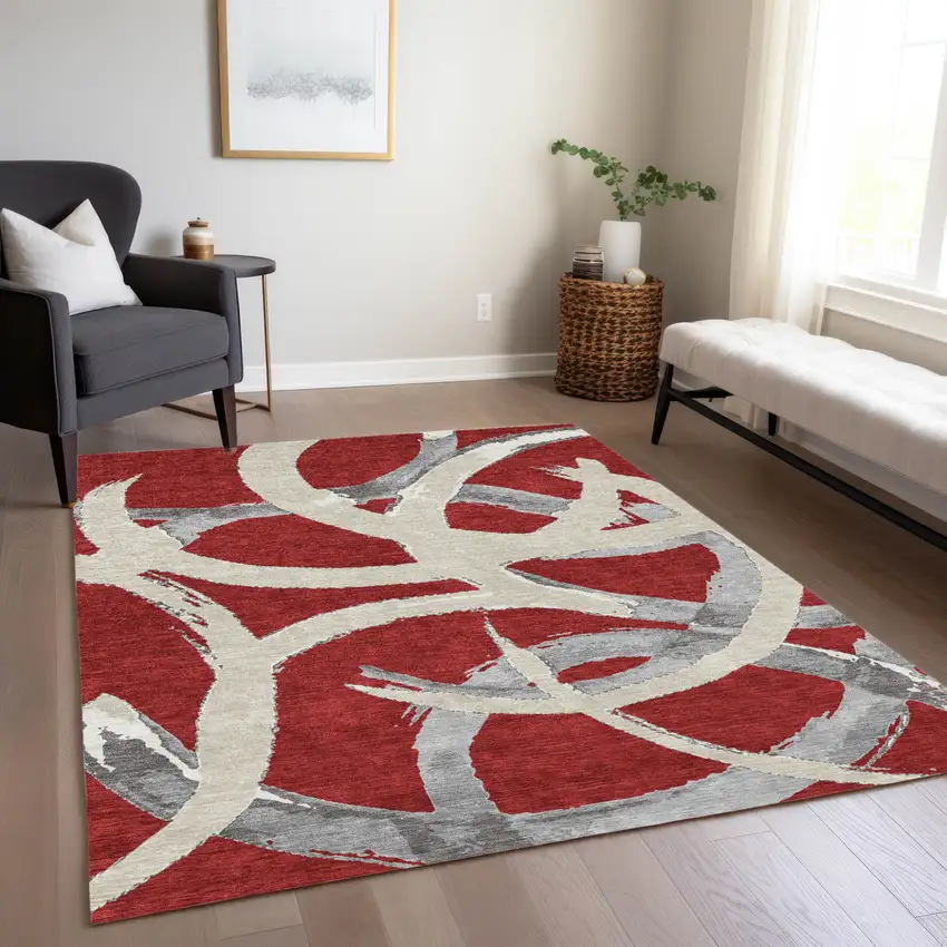 Red Beige And Gray Abstract Washable Indoor Outdoor Area Rug Photo 9