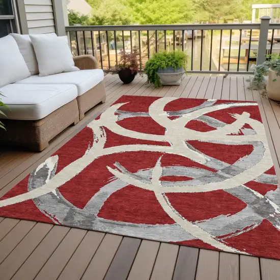 Red Beige And Gray Abstract Washable Indoor Outdoor Area Rug Photo 9