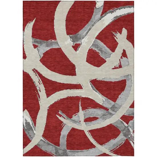 Red Beige And Gray Abstract Washable Indoor Outdoor Area Rug Photo 2