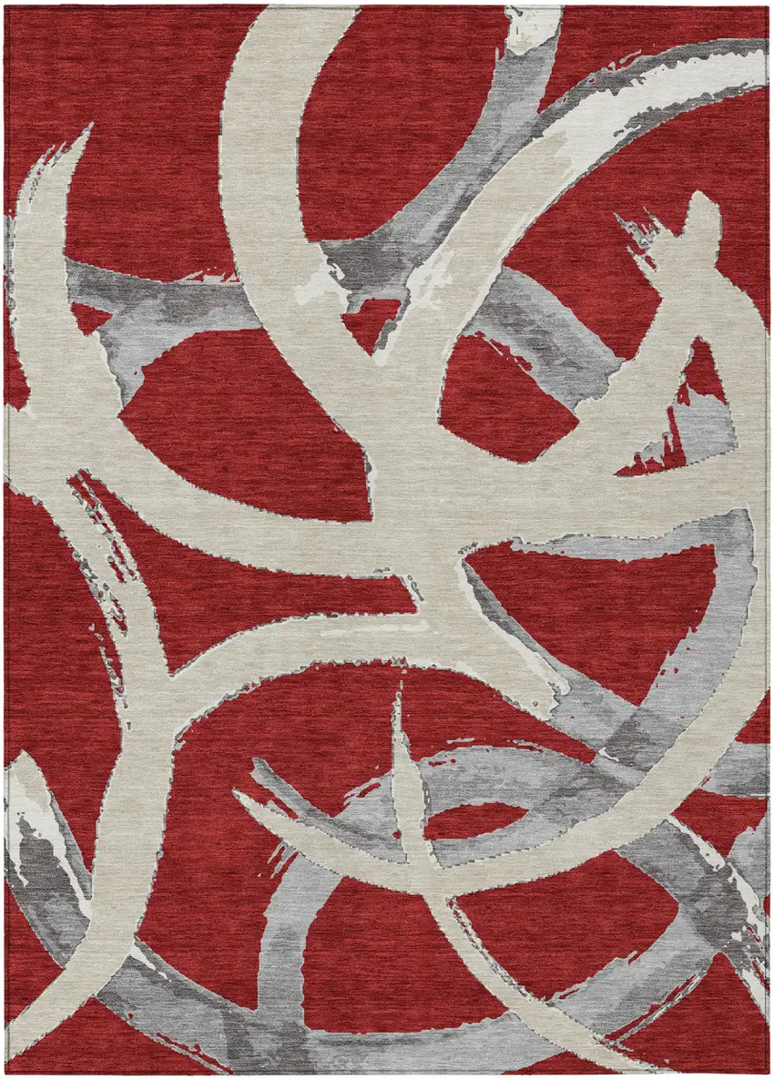Red Beige And Gray Abstract Washable Indoor Outdoor Area Rug Photo 2