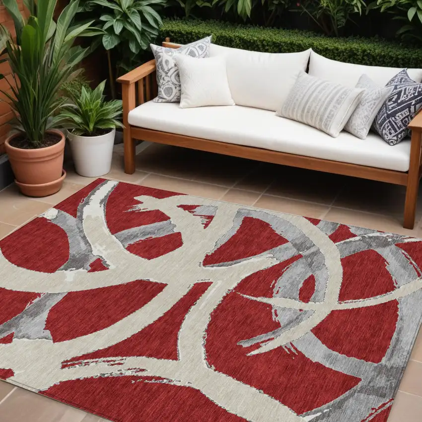 Red Beige And Gray Abstract Washable Indoor Outdoor Area Rug Photo 1