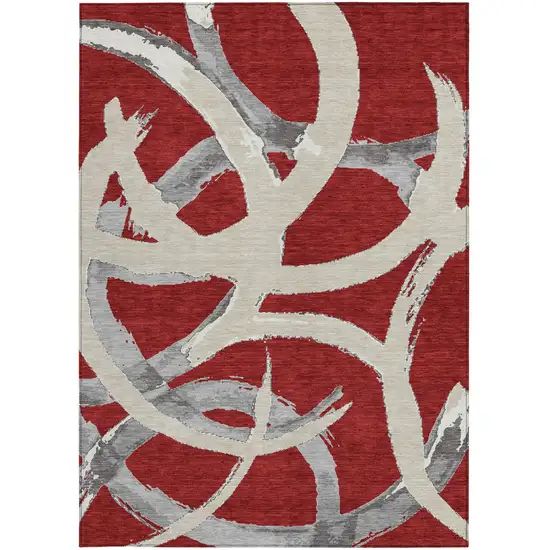 Red Beige And Gray Abstract Washable Indoor Outdoor Area Rug Photo 8