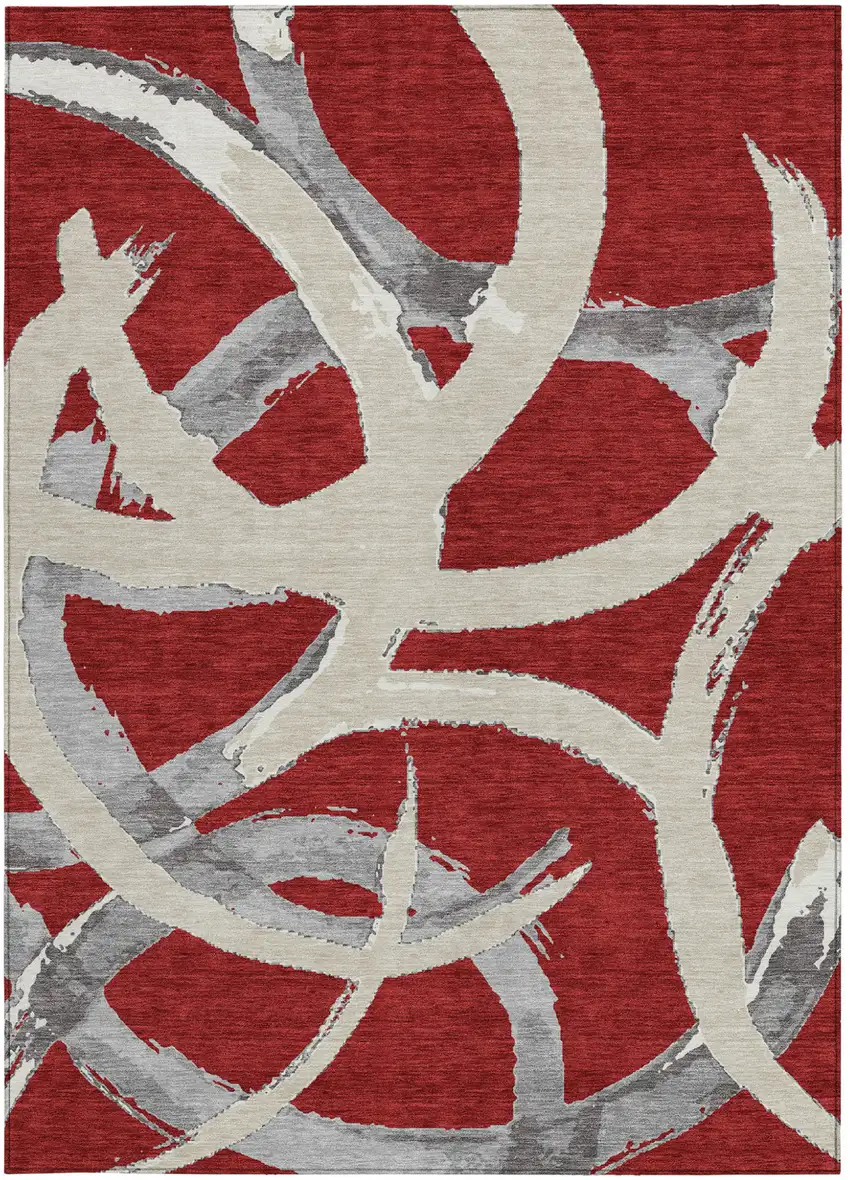 Red Beige And Gray Abstract Washable Indoor Outdoor Area Rug Photo 8