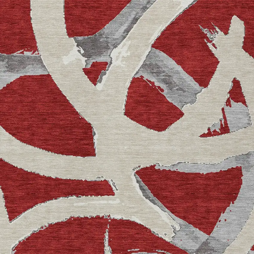 Red Beige And Gray Abstract Washable Indoor Outdoor Area Rug Photo 6