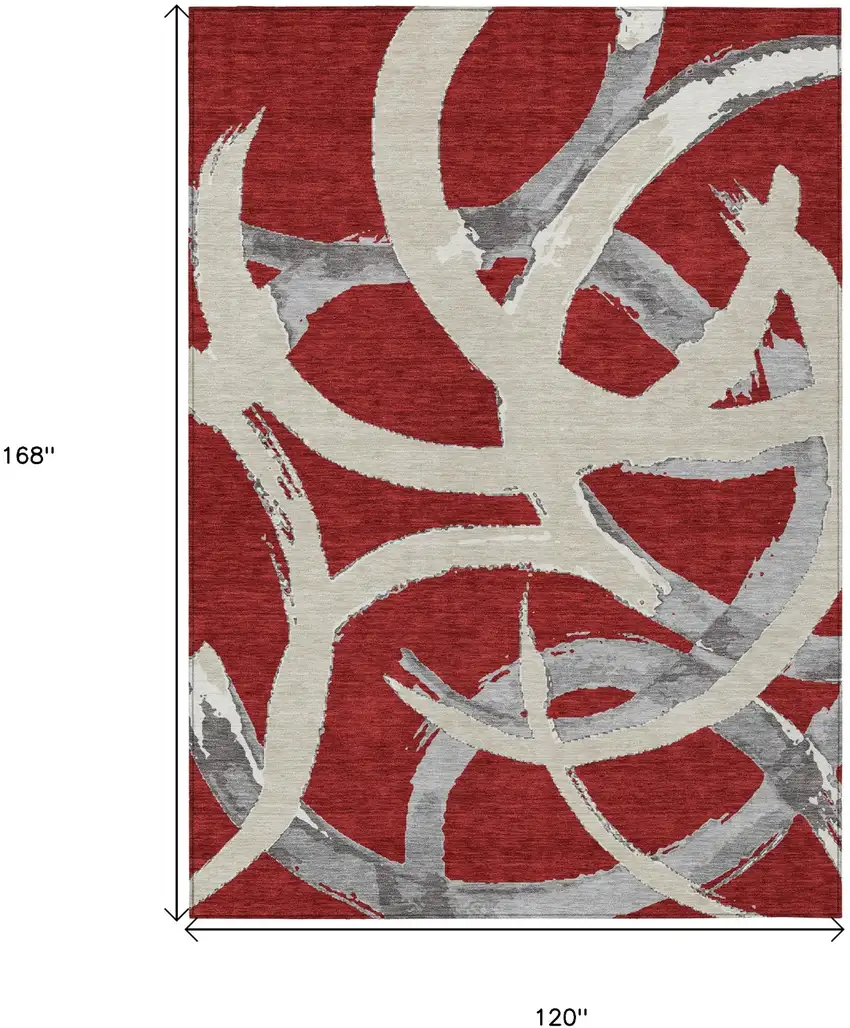 Red Beige And Gray Abstract Washable Indoor Outdoor Area Rug Photo 3