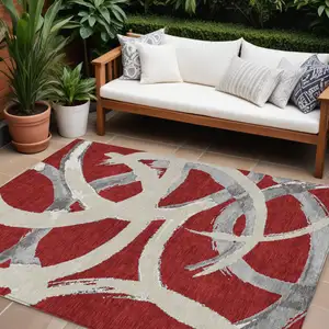 Photo of Red Beige And Gray Abstract Washable Indoor Outdoor Area Rug
