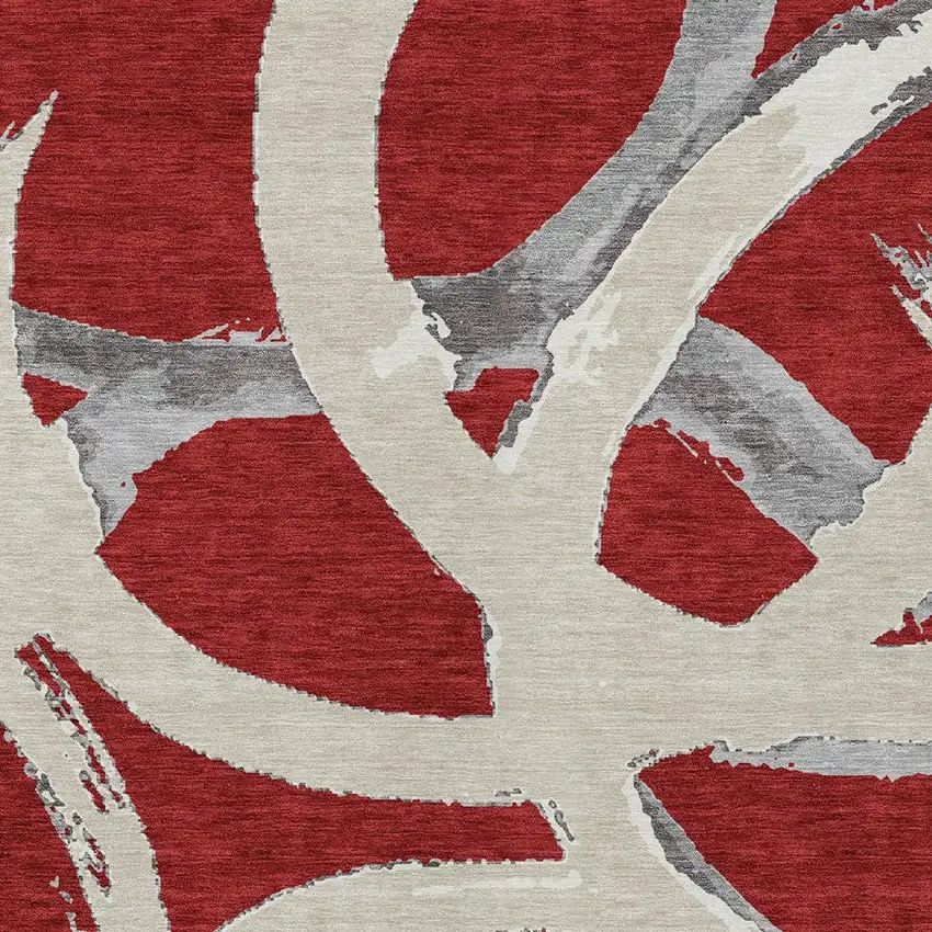 Red Beige And Gray Abstract Washable Indoor Outdoor Area Rug Photo 6