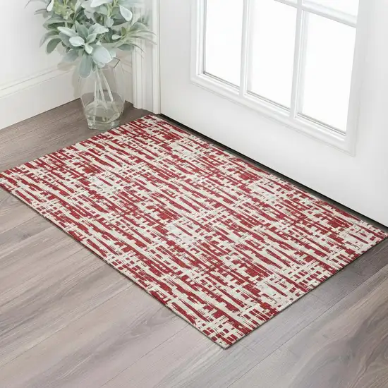 Red Beige And Ivory Abstract Geometric Washable Area Rug With UV Protection Photo 2