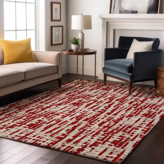 Red Beige And Ivory Abstract Geometric Washable Area Rug With UV Protection Photo 3