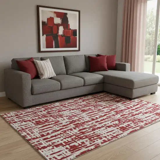 Red Beige And Ivory Abstract Geometric Washable Area Rug With UV Protection Photo 2