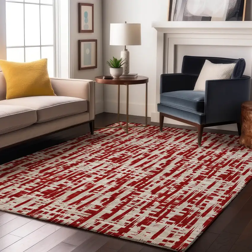 Red Beige And Ivory Abstract Geometric Washable Area Rug With UV Protection Photo 4