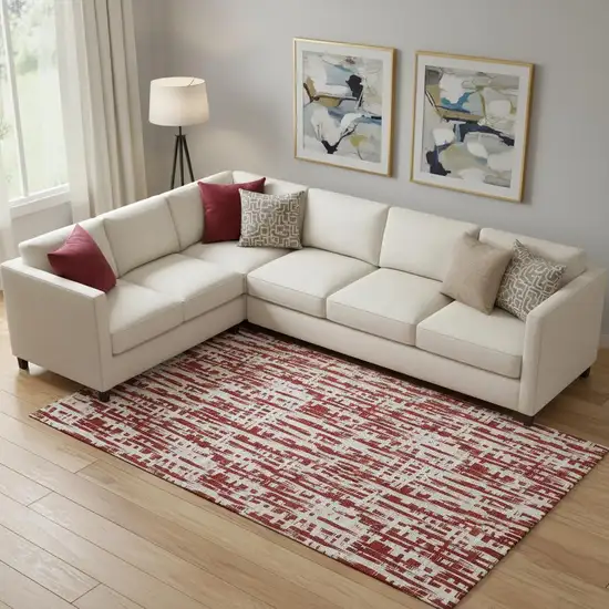 Red Beige And Ivory Abstract Geometric Washable Area Rug With UV Protection Photo 2