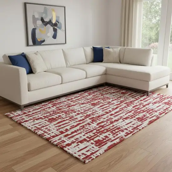Red Beige And Ivory Abstract Geometric Washable Area Rug With UV Protection Photo 2