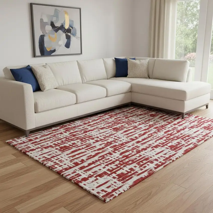 Red Beige And Ivory Abstract Geometric Washable Area Rug With UV Protection Photo 2