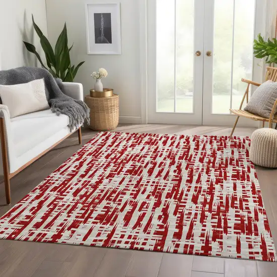 Red Beige And Ivory Abstract Geometric Washable Area Rug With UV Protection Photo 5