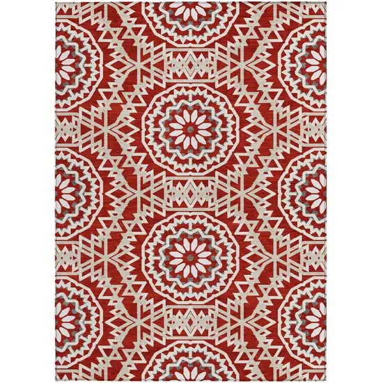Red Beige And Ivory Floral Medallion Washable Indoor Outdoor Area Rug Photo 6