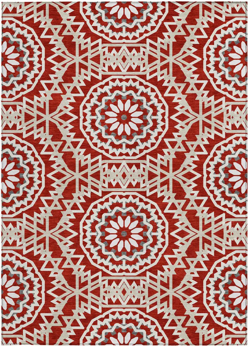 Red Beige And Ivory Floral Medallion Washable Indoor Outdoor Area Rug Photo 6