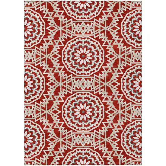 Red Beige And Ivory Floral Medallion Washable Indoor Outdoor Area Rug Photo 2