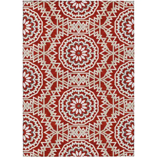 Red Beige And Ivory Floral Medallion Washable Indoor Outdoor Area Rug Photo 2