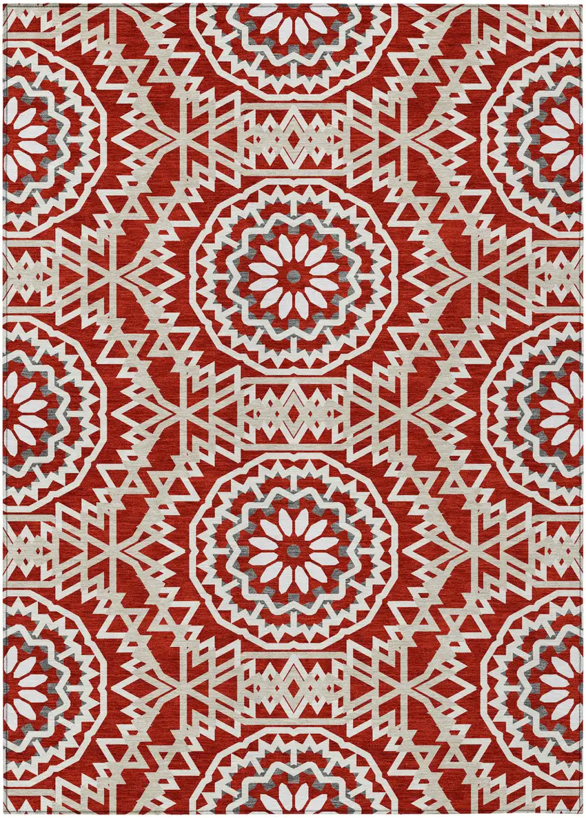 Red Beige And Ivory Floral Medallion Washable Indoor Outdoor Area Rug Photo 2