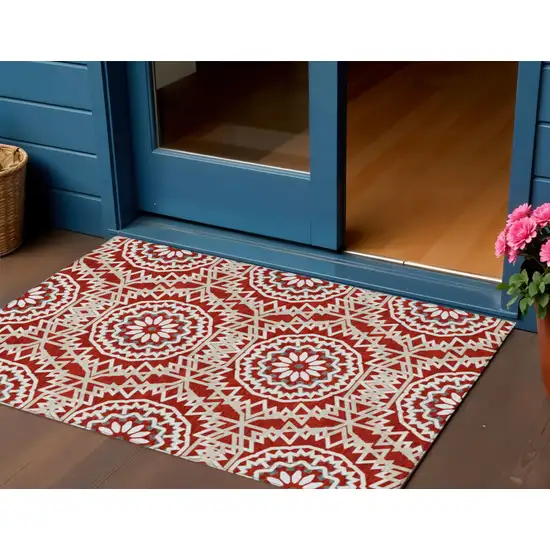 Red Beige And Ivory Floral Medallion Washable Indoor Outdoor Area Rug Photo 1