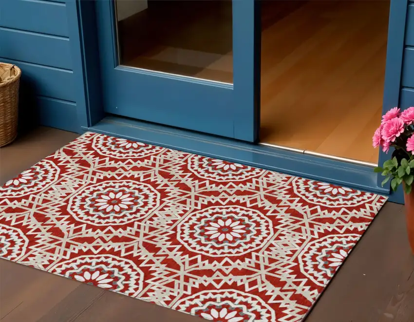 Red Beige And Ivory Floral Medallion Washable Indoor Outdoor Area Rug Photo 1