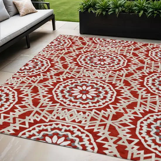 Red Beige And Ivory Floral Medallion Washable Indoor Outdoor Area Rug Photo 1