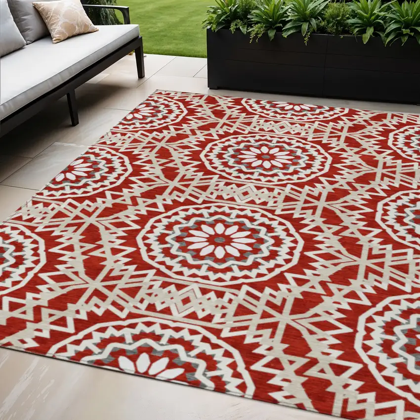 Red Beige And Ivory Floral Medallion Washable Indoor Outdoor Area Rug Photo 1