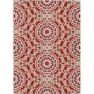 Photo of Red Beige And Ivory Floral Medallion Washable Indoor Outdoor Area Rug