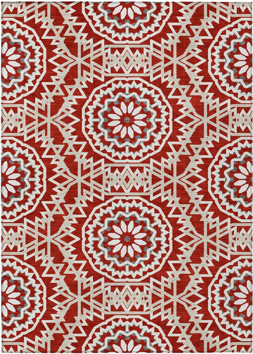 Red Beige And Ivory Floral Medallion Washable Indoor Outdoor Area Rug Photo 2