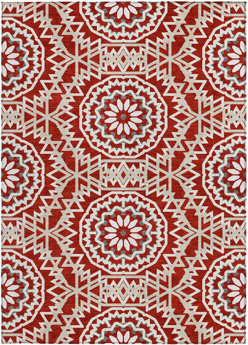 Red Beige And Ivory Floral Medallion Washable Indoor Outdoor Area Rug Photo 6