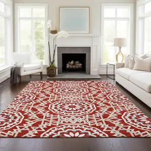 Photo of Red Beige And Ivory Floral Medallion Washable Indoor Outdoor Area Rug