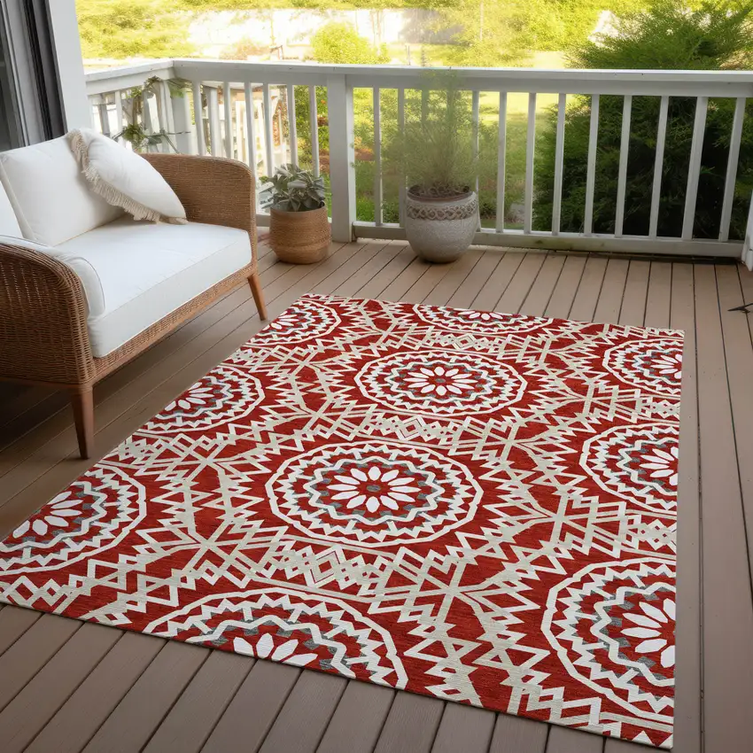 Red Beige And Ivory Floral Medallion Washable Indoor Outdoor Area Rug Photo 9
