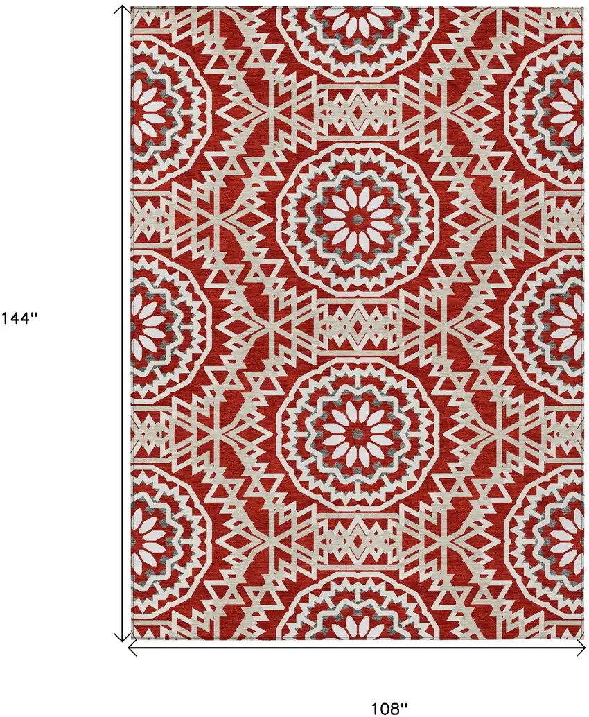 Red Beige And Ivory Floral Medallion Washable Indoor Outdoor Area Rug Photo 3