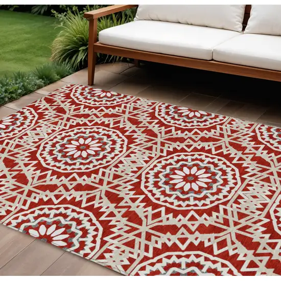 Red Beige And Ivory Floral Medallion Washable Indoor Outdoor Area Rug Photo 1