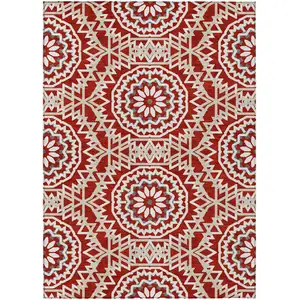 Photo of Red Beige And Ivory Floral Medallion Washable Indoor Outdoor Area Rug